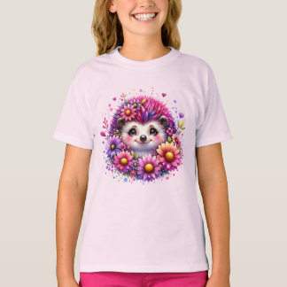Cute Floral Hedgehog Illustration T-Shirt