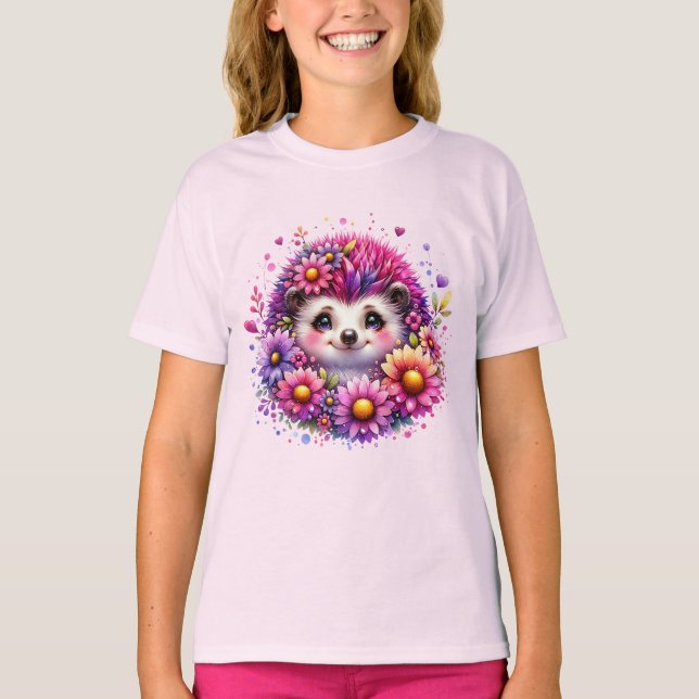 Cute Floral Hedgehog Illustration T-Shirt (Front)