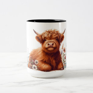 Cute Floral Highland Cow  Two-Tone Coffee Mug
