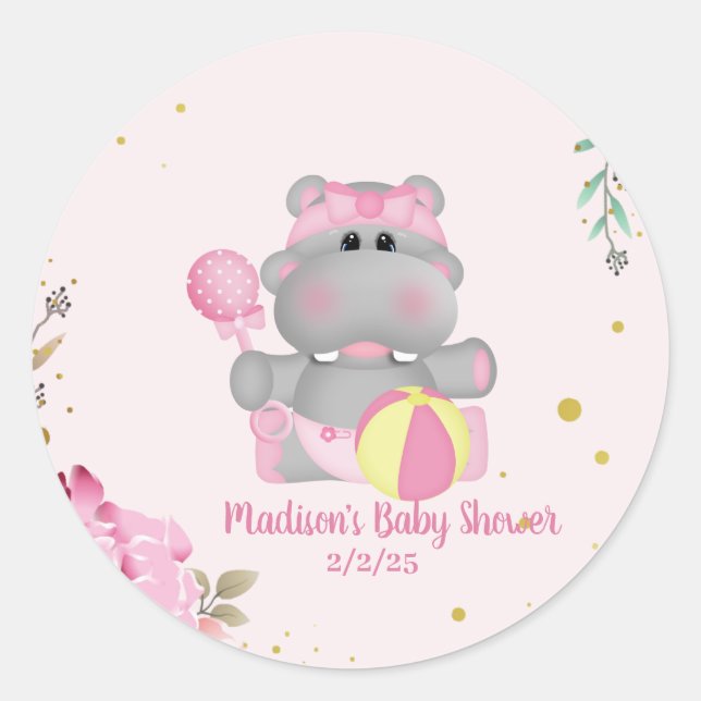 Cute Floral Hippo Baby Shower  Classic Round Sticker (Front)