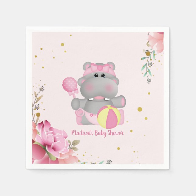 Cute Floral Hippo Baby Shower Paper Napkin (Front)