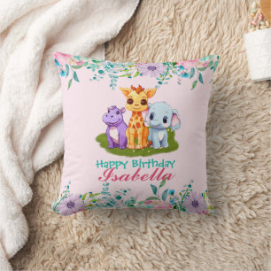 Cute Floral Hippo safari jungle Animals Birthday Cushion