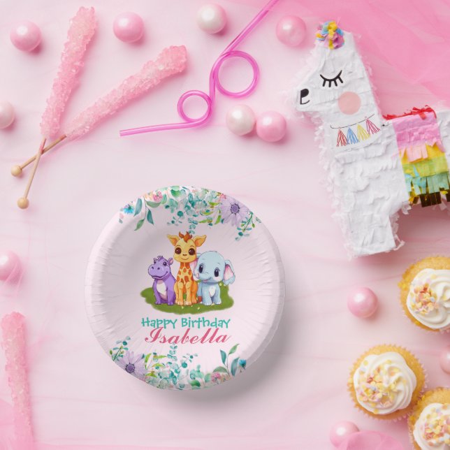 Cute Floral Hippo safari jungle Animals Birthday Paper Plate (Party)