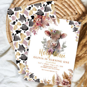 Cute Floral Holy Cow First Birthday Invitation