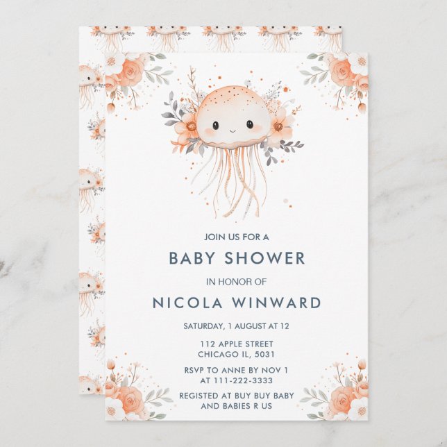 Cute Floral Jellyfish Baby Shower Invitation (Front/Back)