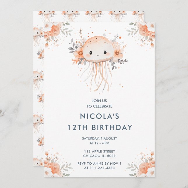 Cute Floral Jellyfish Birthday Party Invitation (Front/Back)