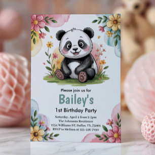 Cute Floral Kids Panda 1st Birthday Party Invitation