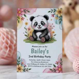 Cute Floral Kids Panda 2nd Birthday Party Invitation
