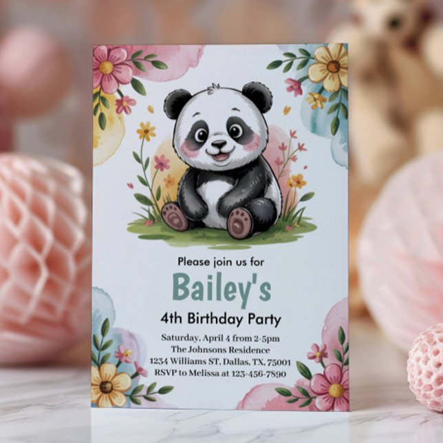 Cute Floral Kids Panda 4th Birthday Party Invitation (Creator Uploaded)