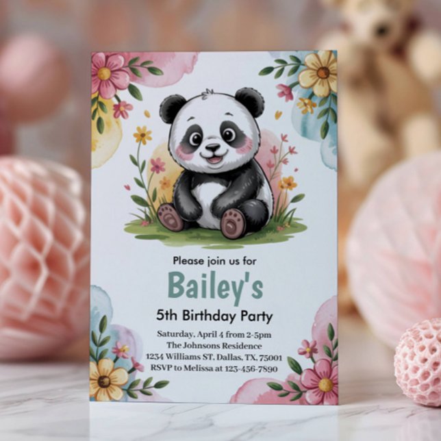 Cute Floral Kids Panda 5th Birthday Party Invitation (Creator Uploaded)