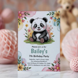 Cute Floral Kids Panda Birthday Party Invitation