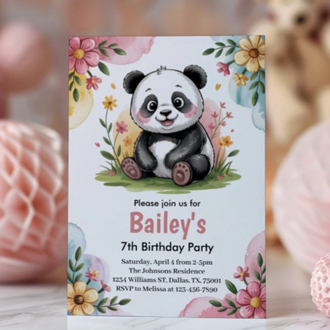 Cute Floral Kids Panda Birthday Party Invitation (Creator Uploaded)