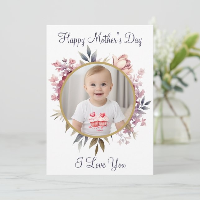Cute Floral Kids Photo Happy Mother's Day  Holiday Card (Standing Front)