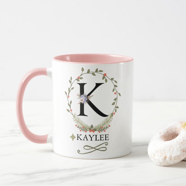 Cute Floral Letter K Monogram Mug (With Donut)