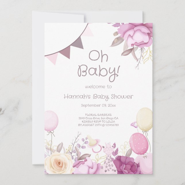 Cute Floral Lilac Pink Girl Baby Shower  Invitation (Front)
