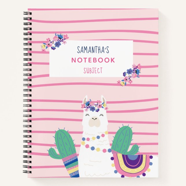 Cute Floral Llama Personalised Pink Notebook (Front)