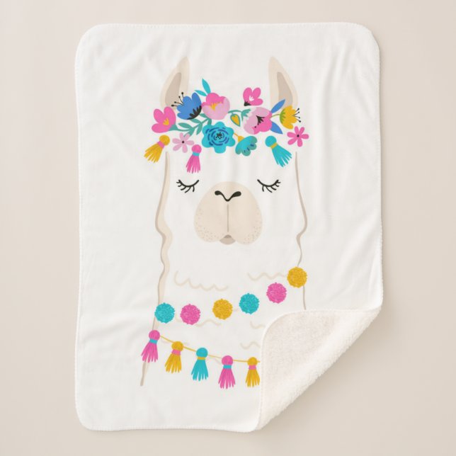 Cute Floral Llama Sherpa Blanket (Front)