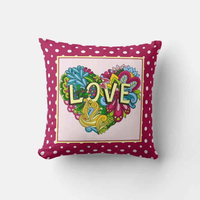 Cute floral LOVE heart, on pink & white polka dots Cushion (Front)