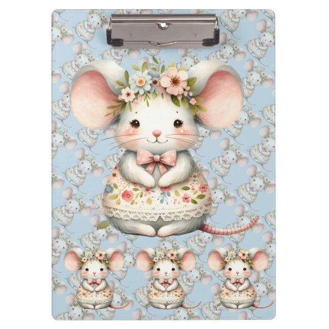 Cute Floral Mouse Dress Flower Crown Clipboard (Front)