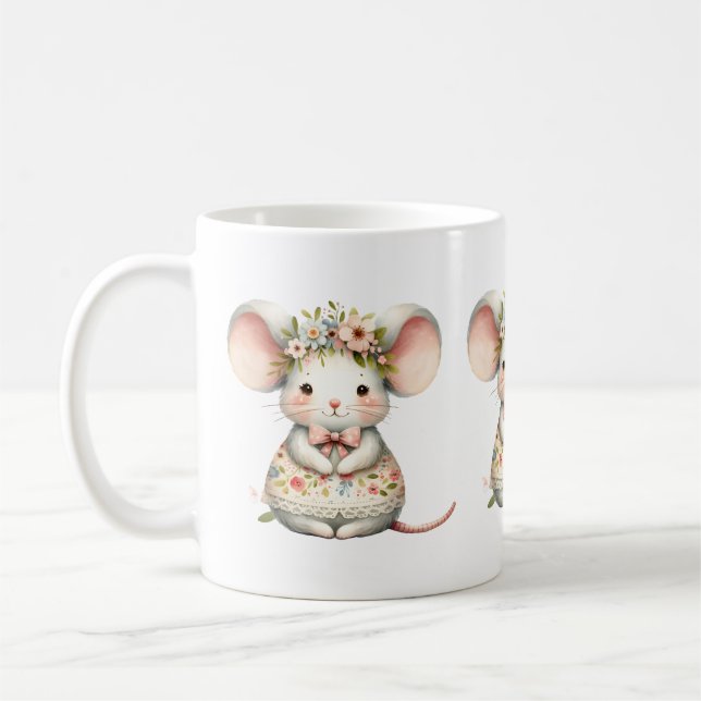 Cute Floral Mouse Dress Flower Crown Coffee Mug (Left)