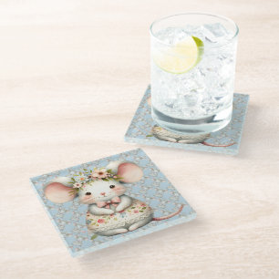 Cute Floral Mouse Dress Flower Crown Glass Coaster