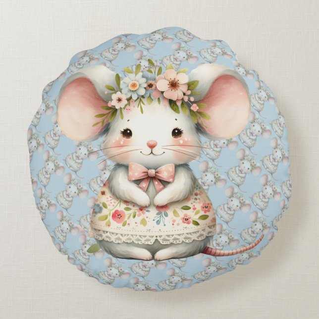 Cute Floral Mouse Dress Flower Crown Round Cushion (Back)