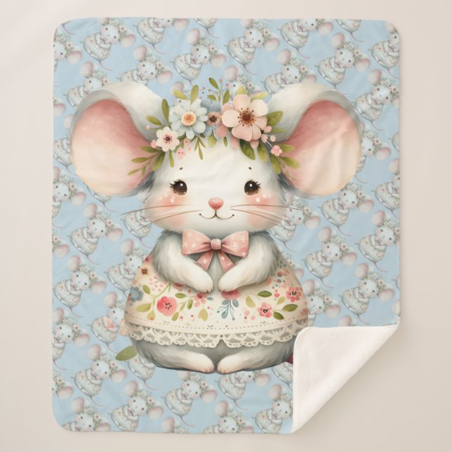 Cute Floral Mouse Dress Flower Crown Sherpa Blanket (Front)