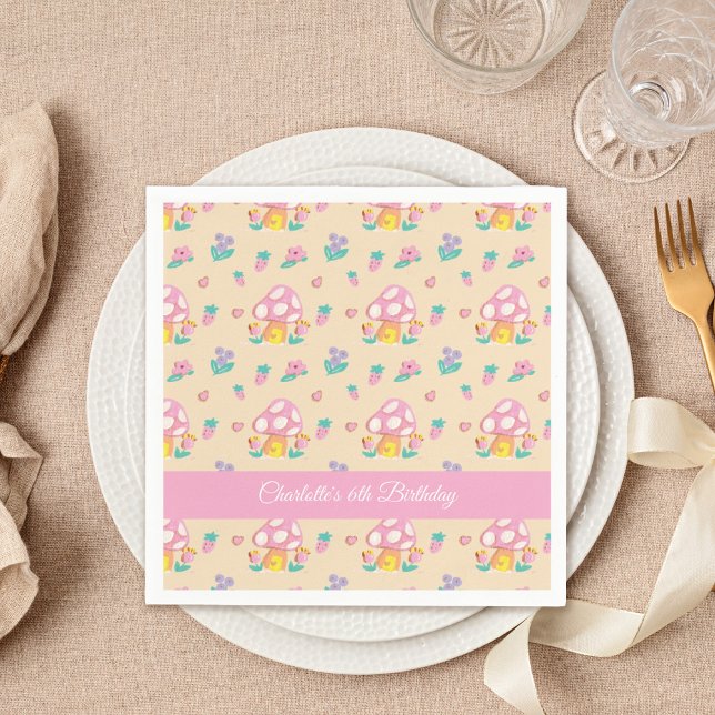 Cute Floral Mushroom Pattern Cream Kids Birthday Napkin (Creator Uploaded)