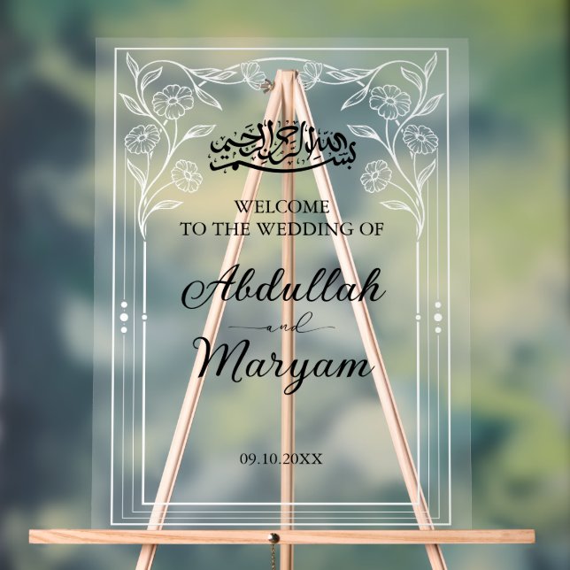 Cute Floral Muslim Islamic Wedding Welcome Frosted Acrylic Sign (Neutral)