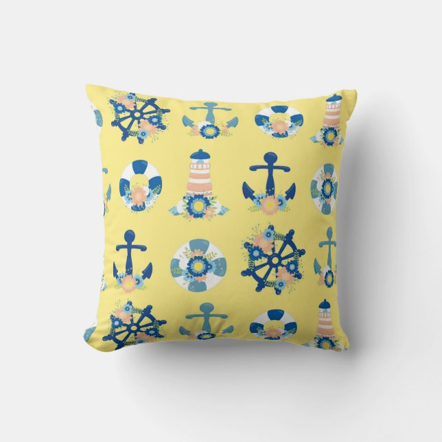 Cute Floral Nautical Anchor Lighthouse Yellow Cushion (Front)