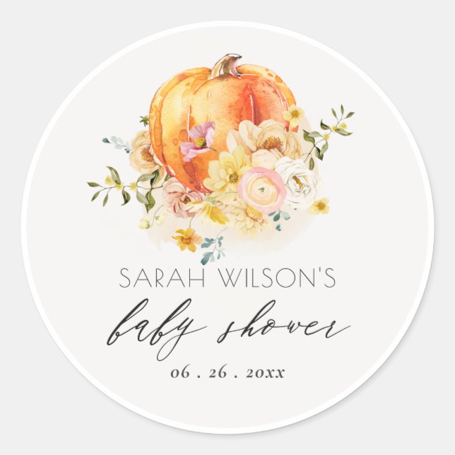 Cute Floral Orange Autumn Pumpkin Baby Shower Classic Round Sticker (Front)