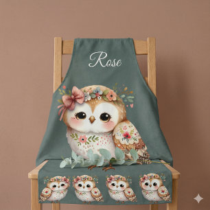 Cute Floral Owl with Bow Apron