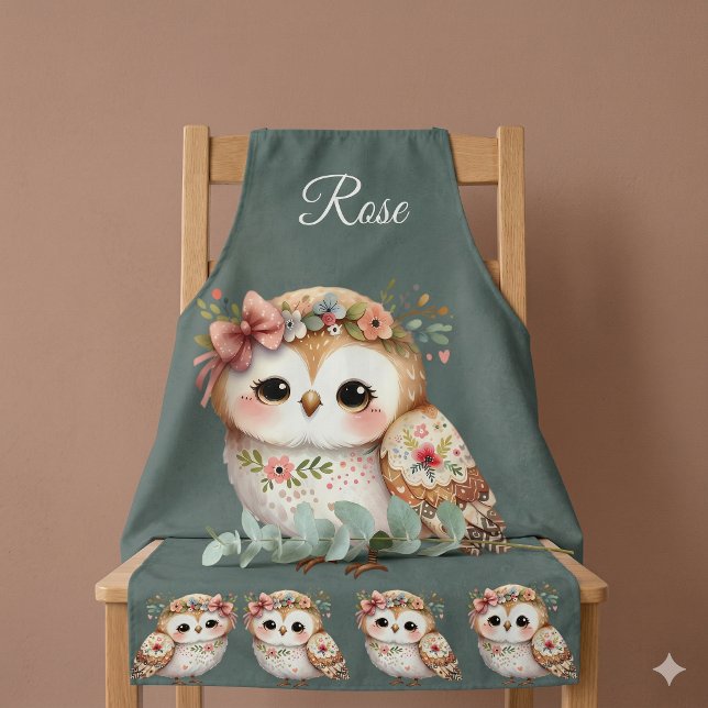 Cute Floral Owl with Bow Apron (Cute Floral Owl with Bow Apron Draped Over Chair)