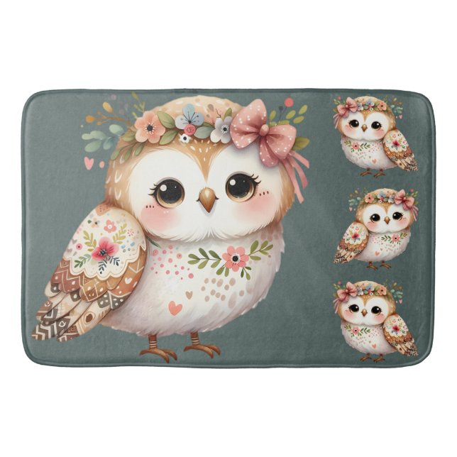 Cute Floral Owl with Bow Bath Mat (Front)