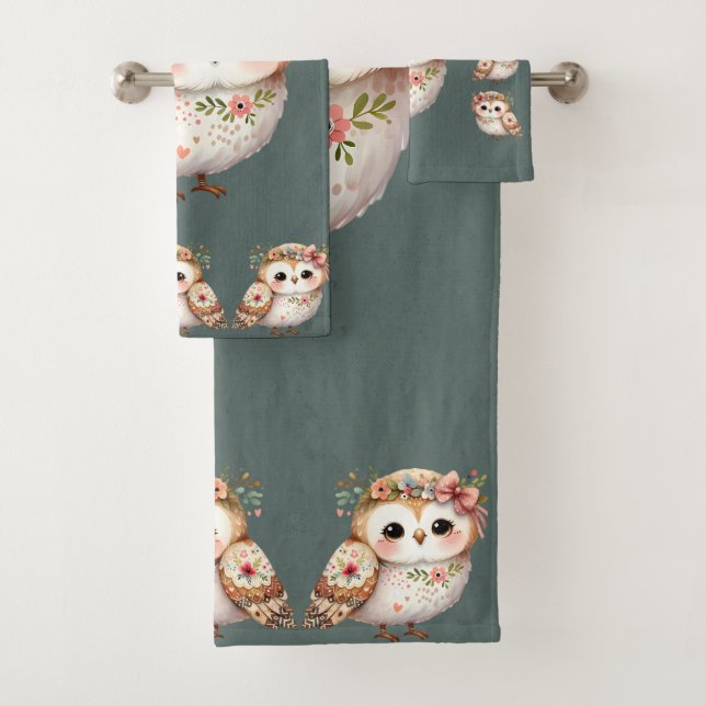 Cute Floral Owl with Bow Bath Towel Set (Insitu)