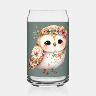 Cute Floral Owl with Bow Can Glass