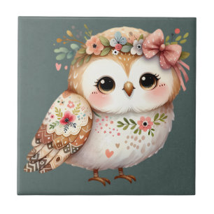 Cute Floral Owl with Bow Ceramic Tile
