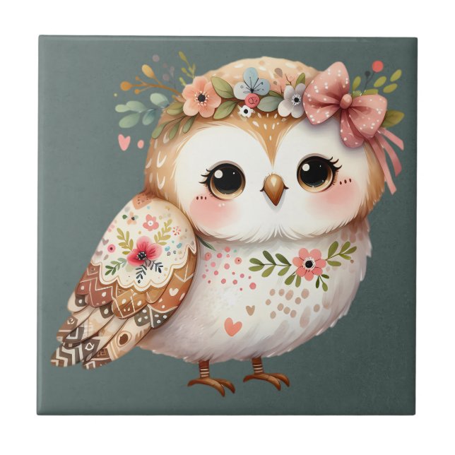 Cute Floral Owl with Bow Ceramic Tile (Front)