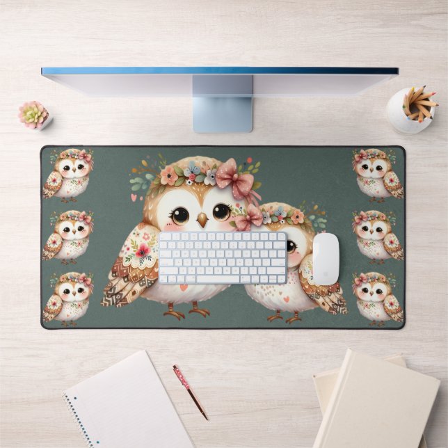 Cute Floral Owl with Bow Desk Mat (Office 1)