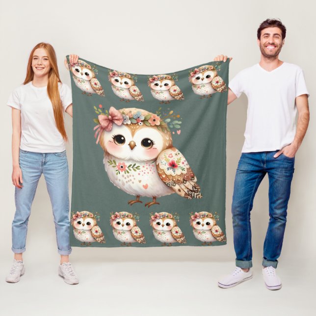 Cute Floral Owl with Bow Fleece Blanket (In Situ)