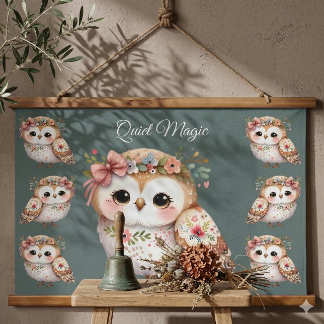 Cute Floral Owl with Bow Hanging Tapestry (Cute Floral Owl with Bow Hanging Tapestry On Shadowed Wall)