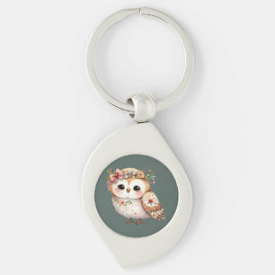 Cute Floral Owl with Bow Key Ring