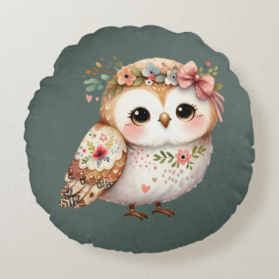 Cute Floral Owl with Bow Round Cushion