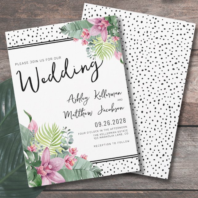 Cute Floral Palm Tropical Wedding Invitation (Pink Green Floral Palm Watercolor Tropical Wedding Invitation)