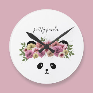 Cute Floral Panda Bear Kids Clock