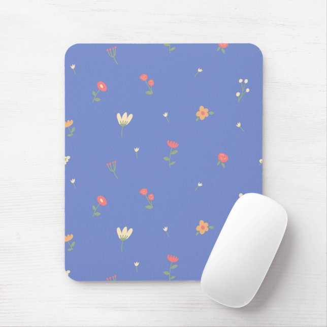 Cute Floral Pattern on Blue Background – Pastel Mouse Pad (With Mouse)
