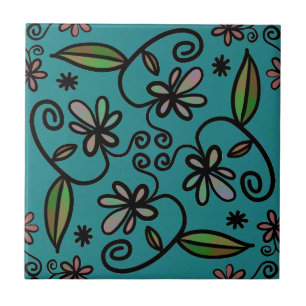 Cute Floral Pattern Teal Ceramic Tile