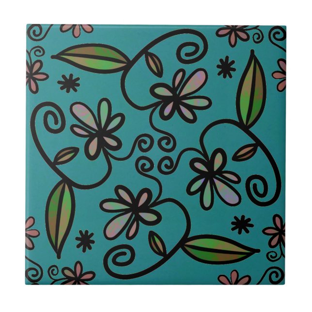 Cute Floral Pattern Teal Ceramic Tile (Front)