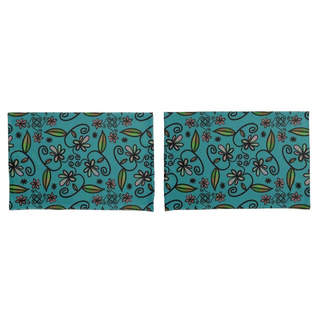 Cute Floral Pattern Teal Pillowcase (Front-Set)