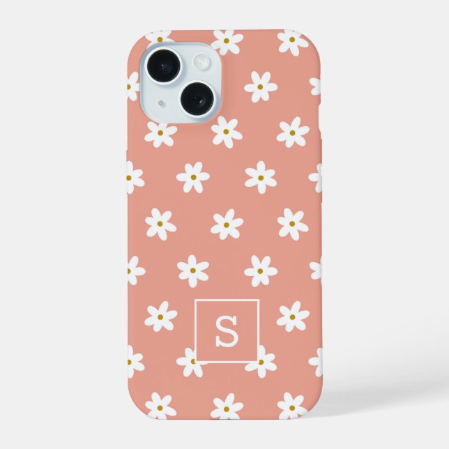 Cute Floral Peach Grass Lily Pattern Monogram iPhone 15 Case (Back)